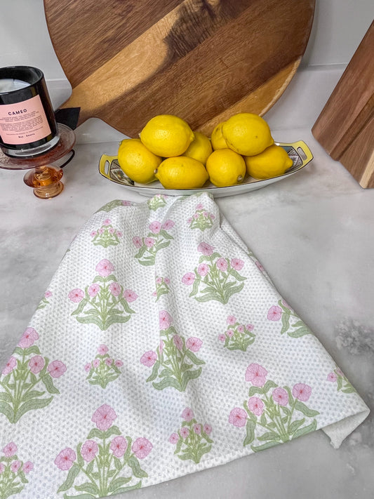 Andi Floral in Pink with Faint Polka Dots Premium Waffle Weave Hand Towel - Absorbent & Quick Drying